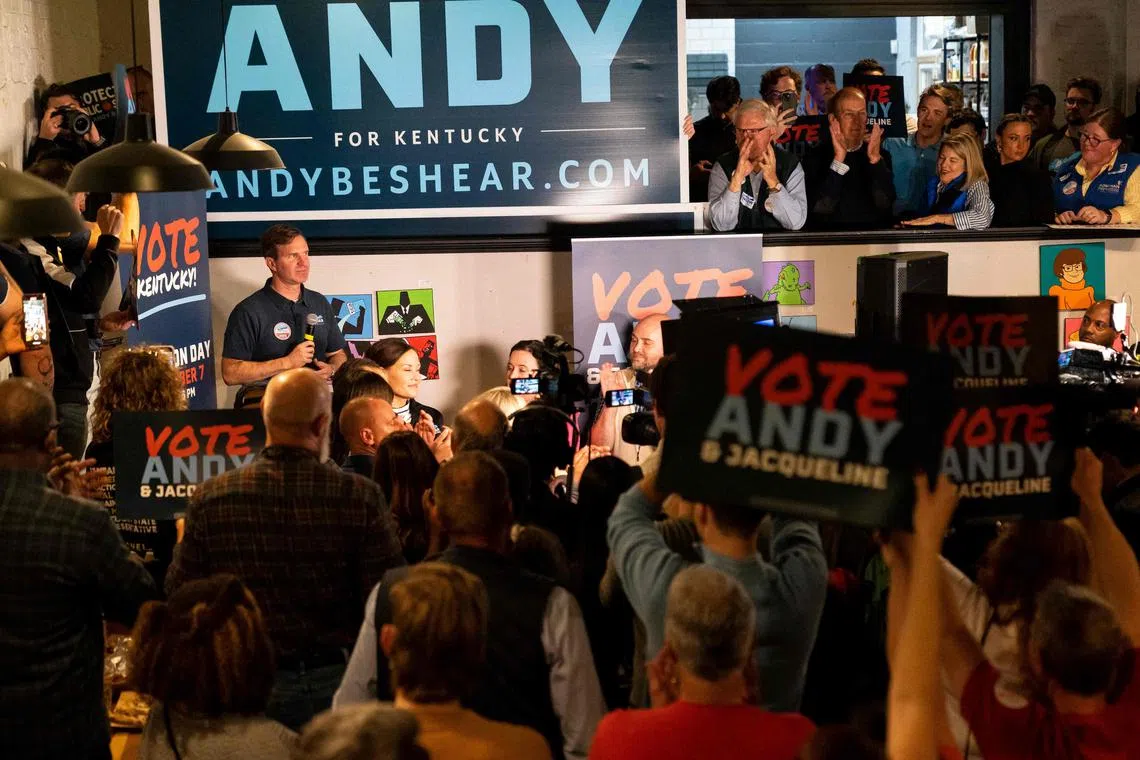 LOUISVILLE, KENTUCKY - NOVEMBER 06: Incumbent Democratic Governor of Kentucky Andy Beshear speaks to a crowd on his last campaign stop before the election on November 6, 2023 in Louisville, Kentucky. Beshear faces off against Republican candidate for Governor of Kentucky, Attorney General Daniel Cameron.   Michael Swensen/Getty Images/AFP (Photo by Michael Swensen / GETTY IMAGES NORTH AMERICA / Getty Images via AFP)
