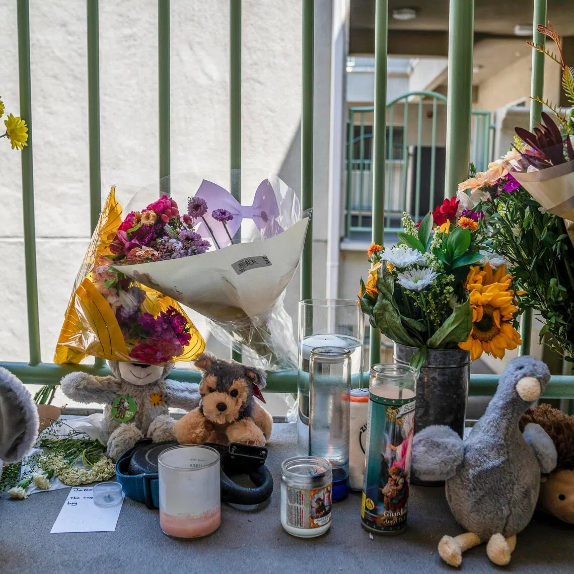 An impromptu memorial to Marie Marseille's dog Jameson seen at her apartment complex in Los Angeles on June 17.