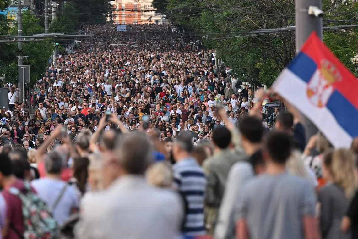 Thousands of protesters stage the fifth anti-government protest this month in Serbia’s capital Belgrade.
