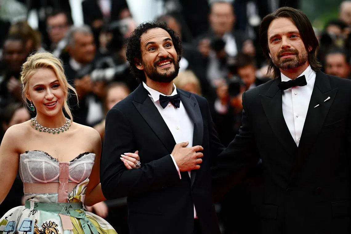 (From left) Bulgarian actress Maria Bakalova, Iranian-born director Abbasi and US actor Sebastian Stan at the Cannes Film Festival, in France, on May 20.