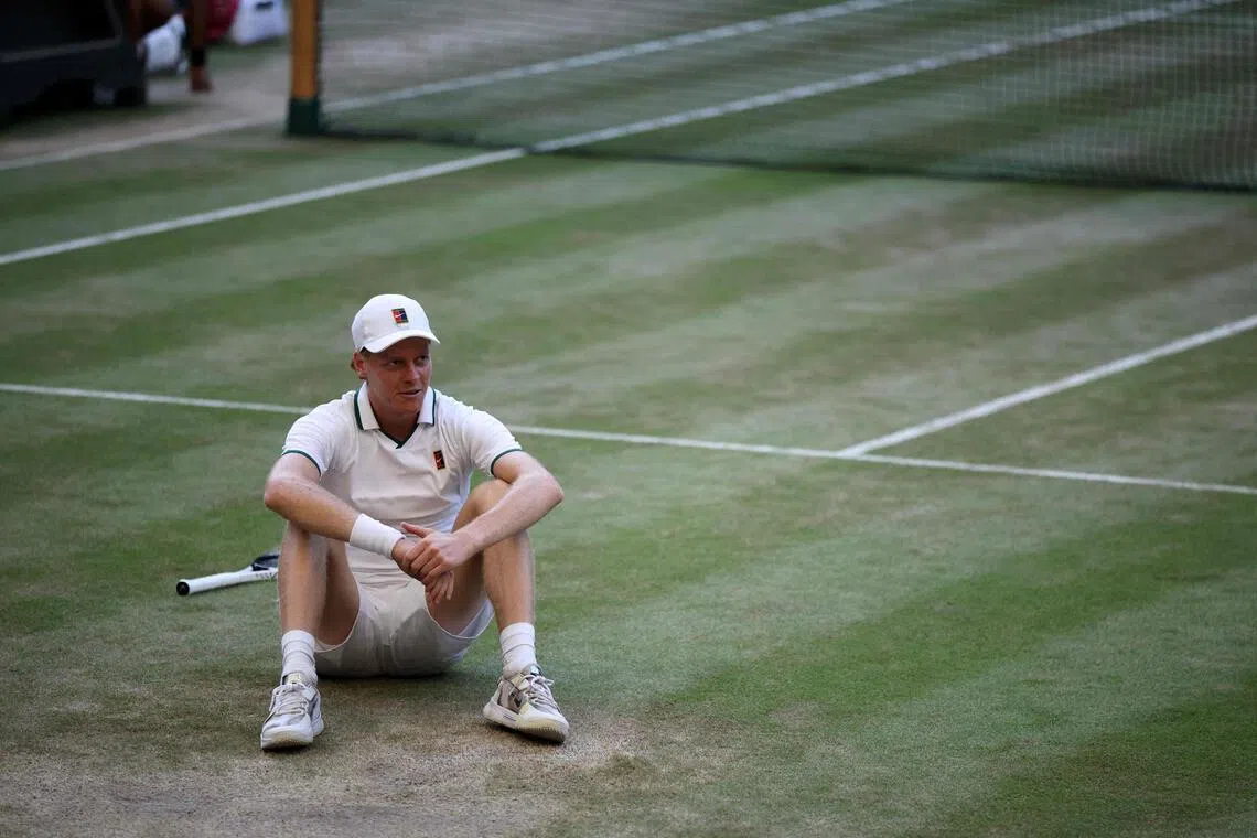 Italy’s Jannik Sinner celebrates after beating Germany’s Alexander Zverev in the Wimbledon final in July.