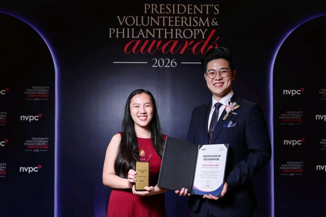 (From left) Rachel Goh, 23, and Ethan Tan, 22, co-founders of Project Obscura, which won the Communities for Good (Groundup) award at the President’s Volunteerism and Philanthropy Awards 2026.