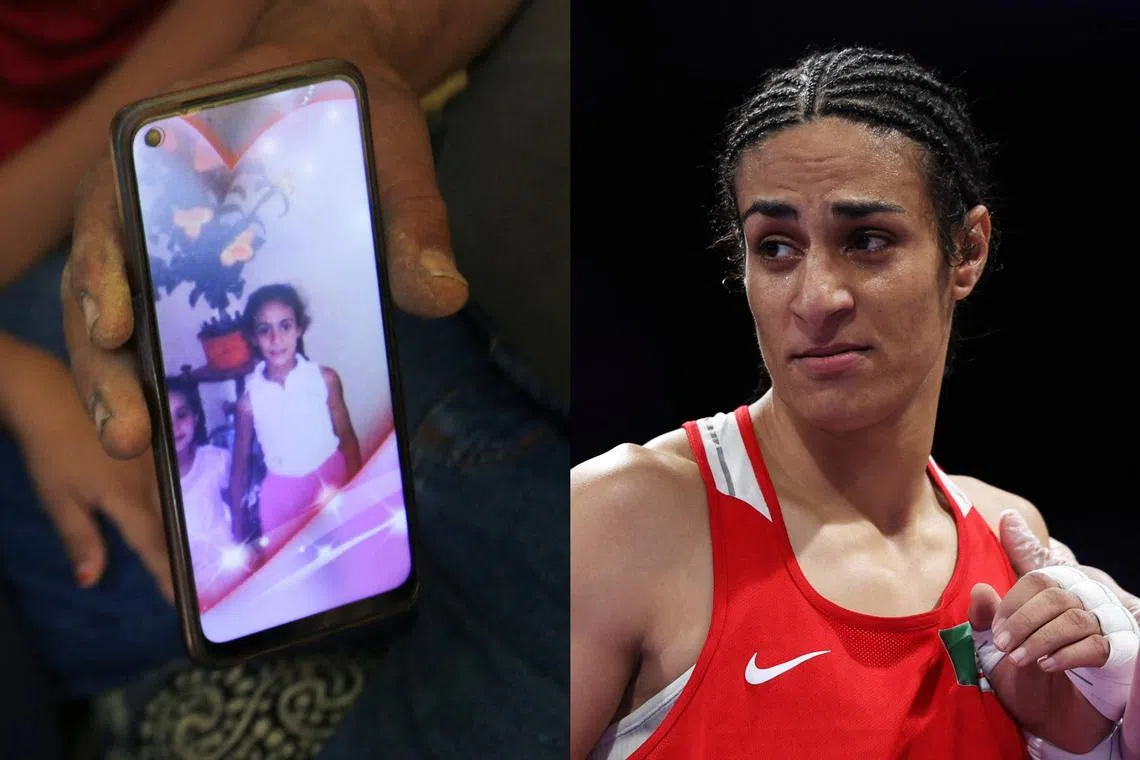 The father of Algerian boxer Imane Khelif shows a photo of his daughter as a child.