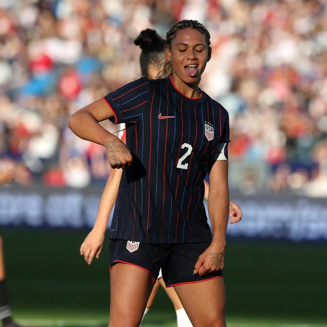 United States forward Trinity Rodman celebrating after scoring the fourth goal in the 6-0 win over Paraguay at Dignity Health Sports Park in Carson, California, on Jan 24, 2026.