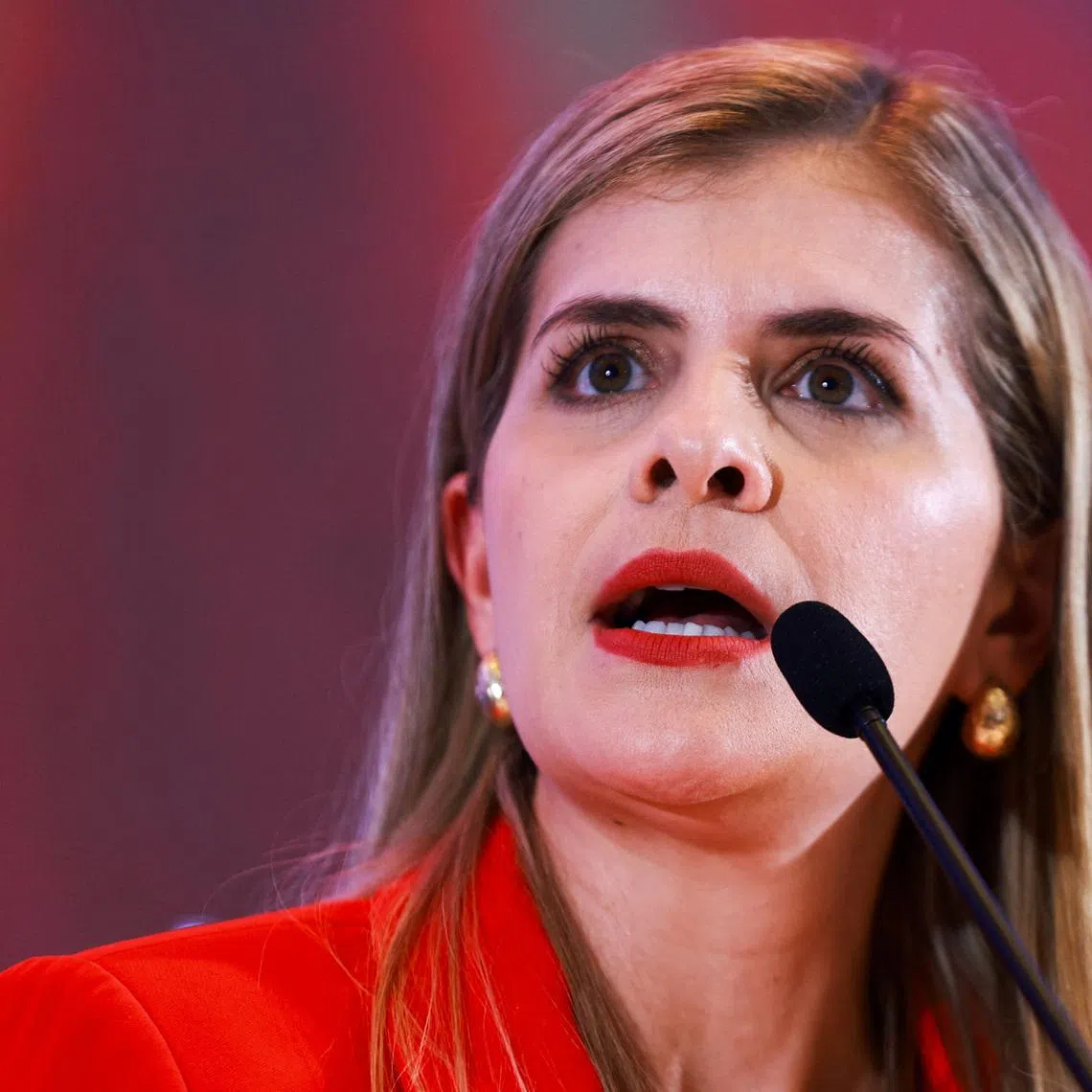 Laura Fernandez of the Sovereign People's Party (PPSO) speaks during a press conference after being elected President in the general elections, in San Jose, Costa Rica, February 2, 2026. REUTERS/Raquel Cunha