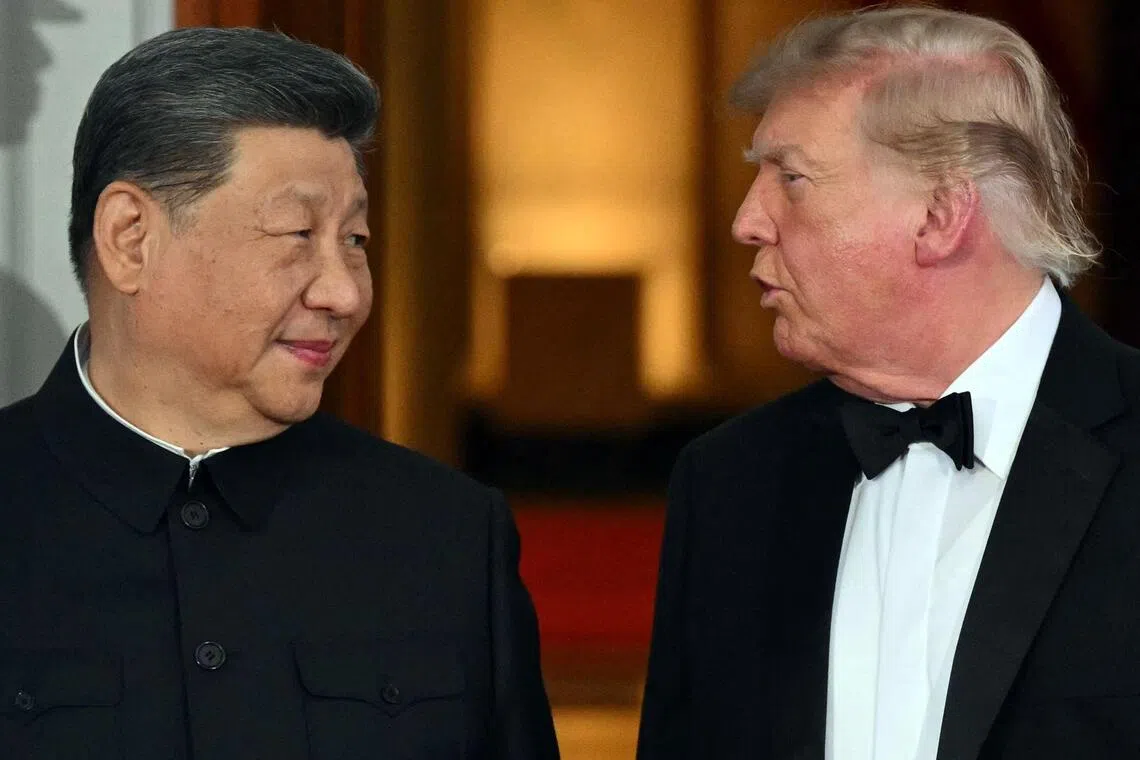 China’s President Xi Jinping and US President Donald Trump speak on the North Portico steps of the White House ahead of a State Dinner in Washington, DC, on Sept 24.