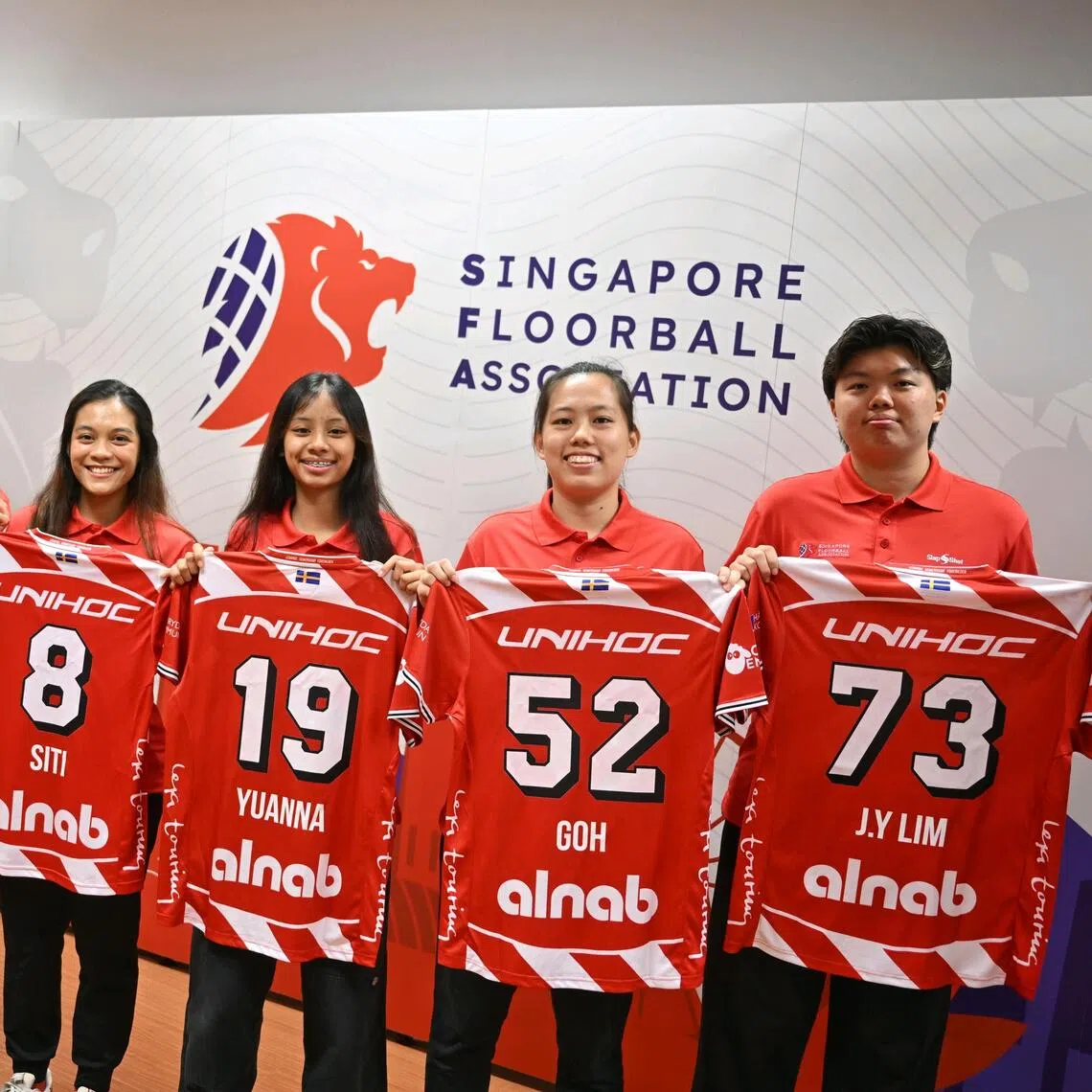 National floorballers (from left) Jerelee Ong, Foo Wen Xin, Siti Khairul Anuar, Nur Yuanna Insyirah, Shermaine Goh and Lim Jie Ying at the launch of the Singapore Floorball Overseas Training Programme on Aug 20.