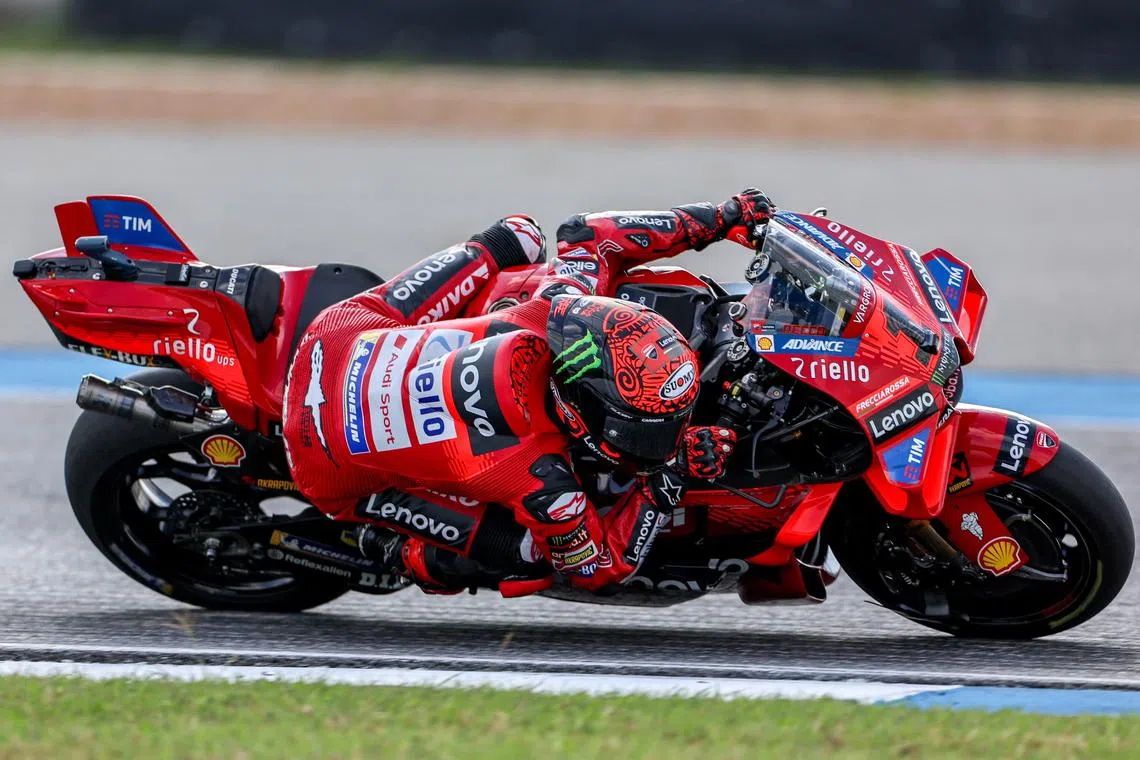 FILE PHOTO: MotoGP - Thailand Grand Prix - Chang International Circuit, Buriram, Thailand - October 25, 2024 Ducati Lenovo Team's Francesco Bagnaia in action during practice. REUTERS/Athit Perawongmetha/File Photo