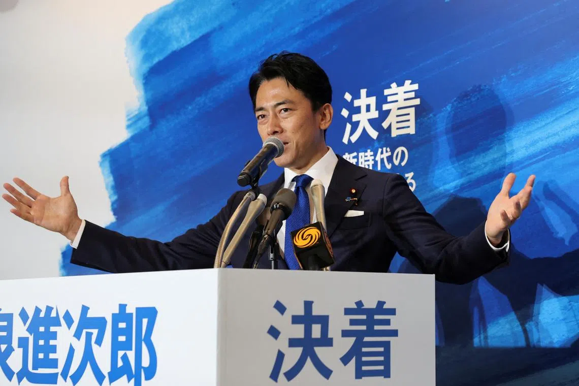 Japanese former environment minister Shinjiro Koizumi, the 43-year-old son of former Prime Minister Junichiro Koizumi, speaks at a press conference ahead of the Liberal Democratic Party (LDP) leadership election in Tokyo, Japan, September 6, 2024. REUTERS/Kim Kyung-Hoon