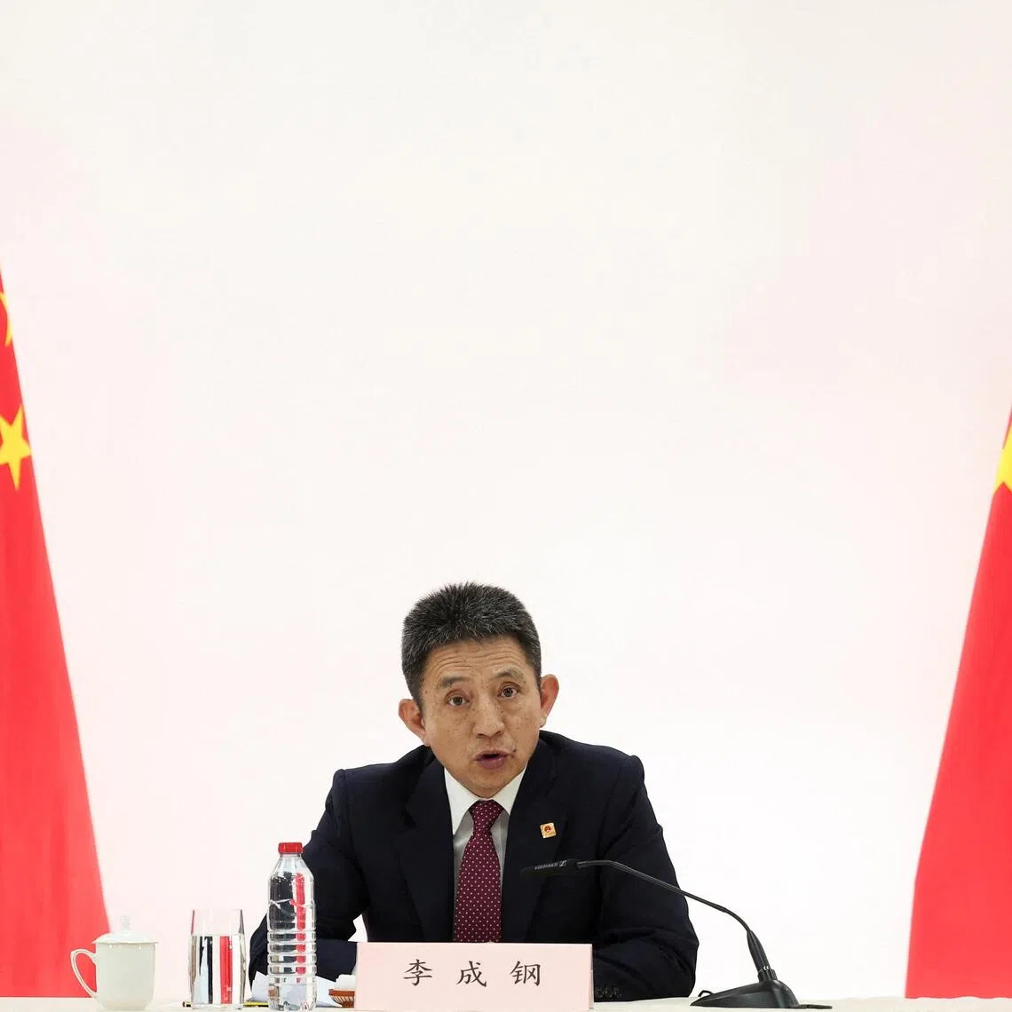 Chinese trade negotiator Li Chenggang attends a press conference on the day of US-China talks on trade, economic and national security issues, in Madrid, Spain, Sept 15, 2025. 
