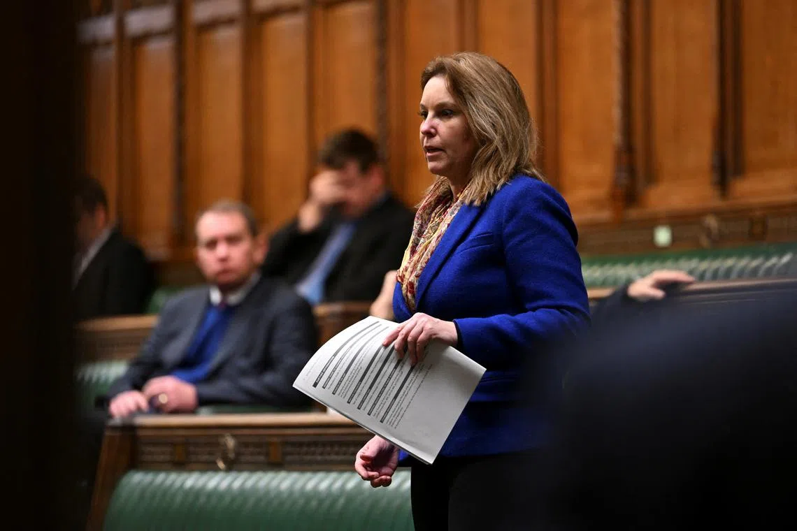 FILE PHOTO: British MP Natalie Elphicke speaks during the Ministerial Statement on Migration and Economic Development Partnership at the House of Commons in London, Britain, December 19, 2022. UK Parliament/Jessica Taylor/Handout via REUTERS/File Photo