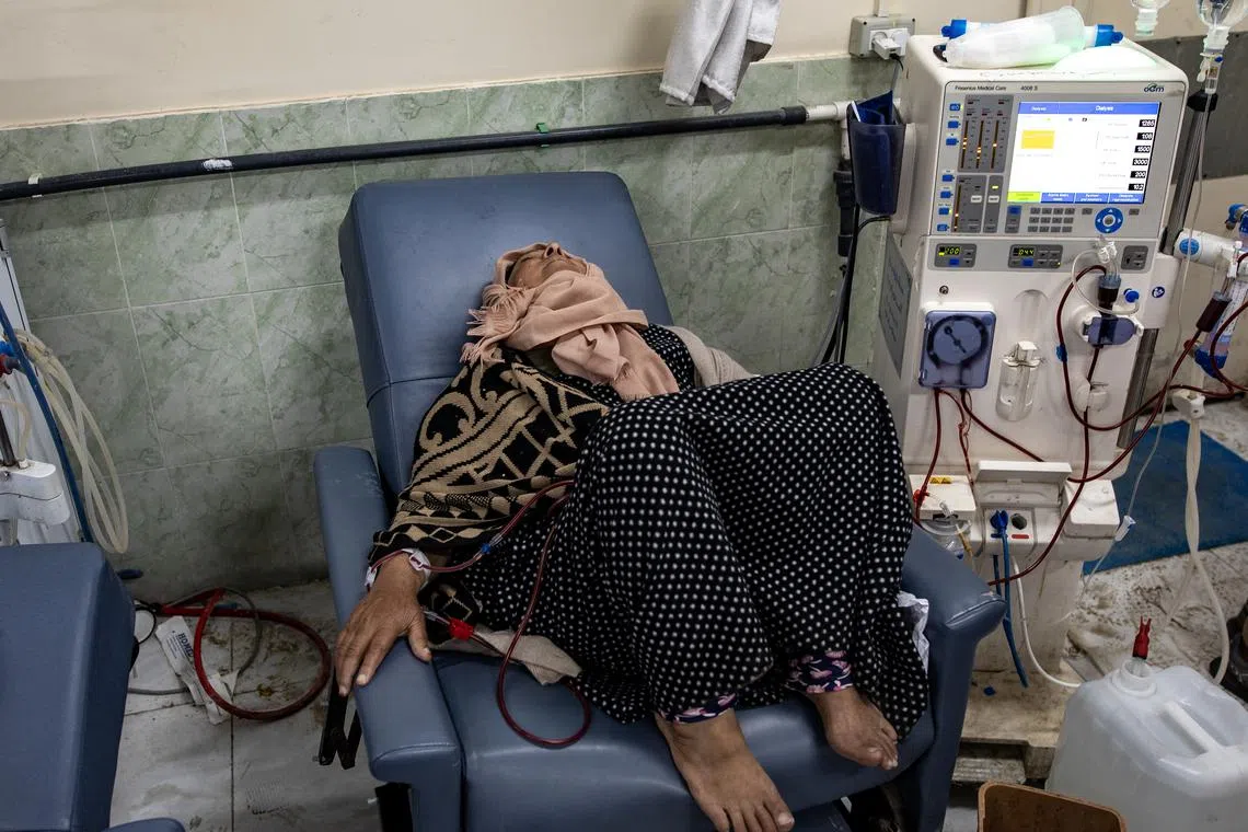 Kidney patients waiting for treatment at Al-Najjar Hospital in the Rafah camp, Feb 19, 2024, with 700 dialysis cases from displaced people from the northern and southern Gaza areas.