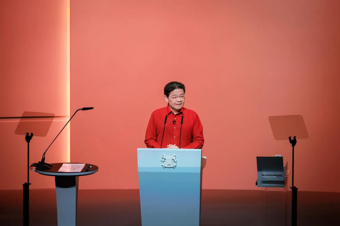 Prime Minister Lawrence Wong delivering his National Day Rally speech on Aug 17.