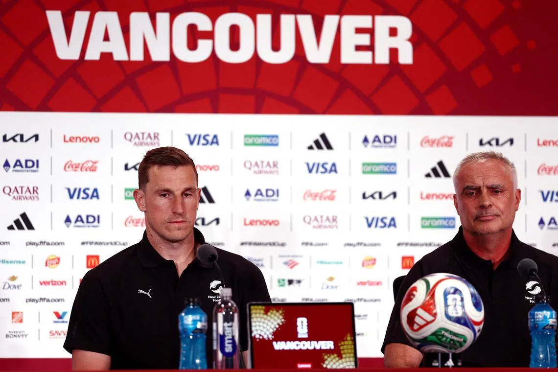 Soccer Football - FIFA World Cup 2026 - New Zealand Press Conference - BC Place, Vancouver, Canada - June 20, 2026 New Zealand's Chris Wood and coach Darren Bazeley during a press conference REUTERS/Lee Smith