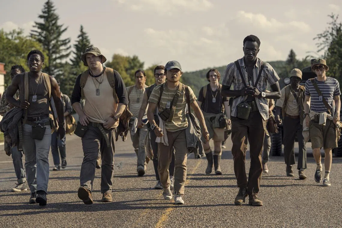 (From left) David Jonsson, Cooper Hoffman, Ben Wang and Tut Nyuot in The Long Walk.