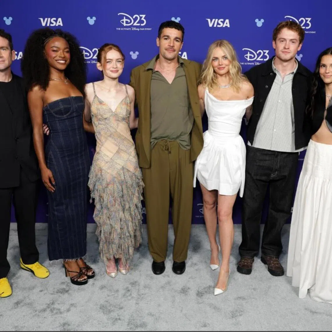 xmen15 - (From left) Director Jake Schreier and X-Men cast members Maya Boyd, Sadie Sink, Christopher Abbott, Samara Weaving, Kit Connor and Inde Navarrette at Disney's D23 event in California on Aug 14.

source/copyright: MARVELSTUDIOS/INSTAGRAM
one time use only