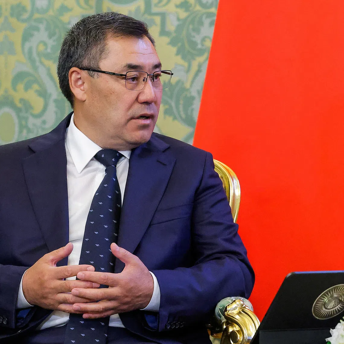 Kyrgyz President Sadyr Japarov attends a meeting with his Russian counterpart Vladimir Putin at the Kremlin in Moscow, Russia, July 2, 2025. REUTERS/Maxim Shemetov/Pool