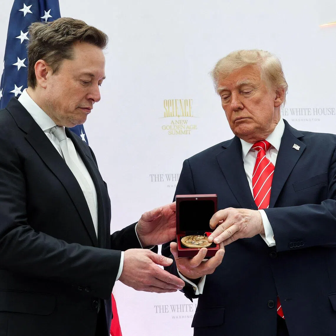 Elon Musk receiving the National Medal of Science from US President Donald Trump during the Golden Age of American Innovation Summit on Oct 8.