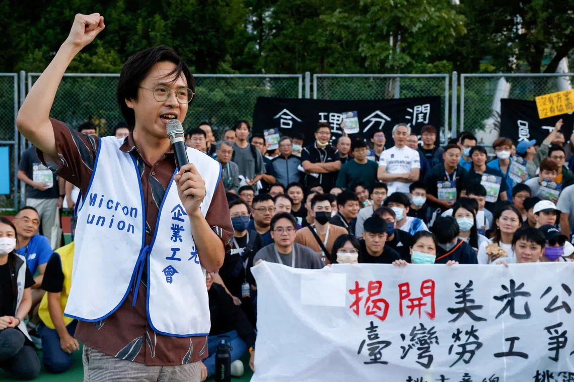 Workers attend a rally organised by the union representing Micron Technology employees at Hwa Ya Technology Park in Taoyuan, Taiwan, on Sept 17.