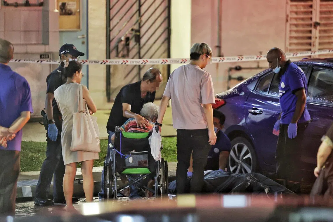 The elderly mother of the man arrived on the scene in wheelchair where undertakers had waited so that she could view her son's body.