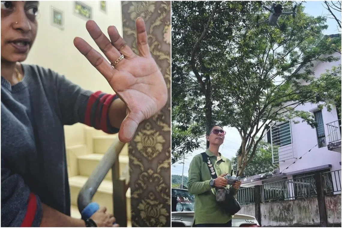 Taman Nusa Bayu resident Mdm Gowri Dewi (left) showing fine construction dust in her home while Zainoor Annuar is using his drone to monitor the data centre construction activities near his home.