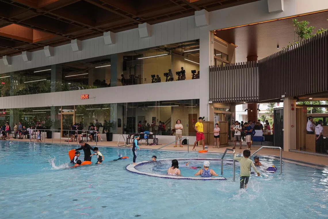 A sheltered multi-generational pool designed to support low-impact physical activity, rehabilitation, and relaxation at the the ActiveSG Sport Park @ Teck Ghee.