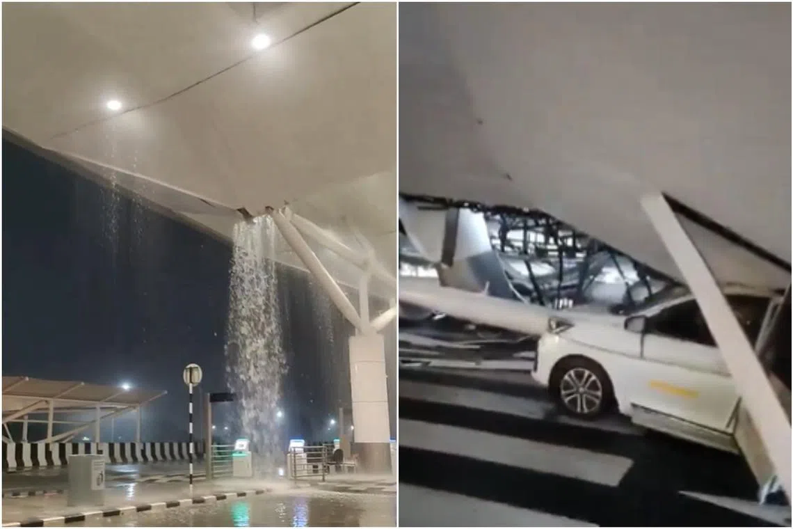 Visuals from media showed water pouring from the collapsed roof and a taxi stuck under a pillar, even as rain continued to pelt down in the area.
