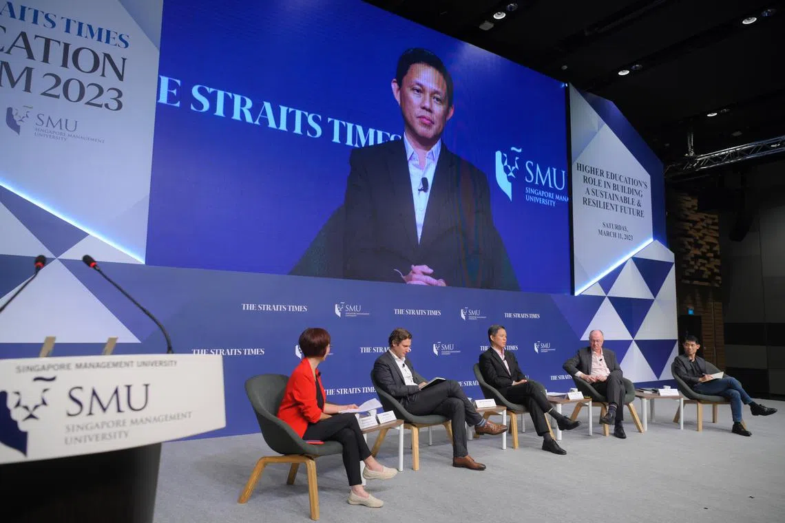(From left) SMU's Professor Emeritus of Finance (Practice) and panel moderator Annie Koh, Google Singapore's country managing director Ben King, Education Minister Chan Chun Sing, SMU provost Timothy Clark and LinkedIn’s head of Asia, talent and learning solutions Frank Koo during a panel discussion at The Straits Times Education Forum.