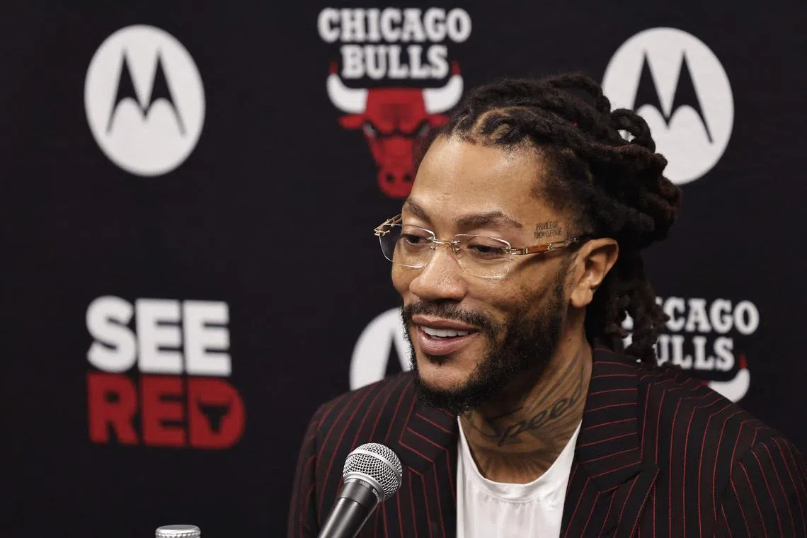 Former Chicago Bulls star Derrick Rose addresses the media before a game between the Bulls and the New York Knicks at the United Centre on Jan 4, 2025.