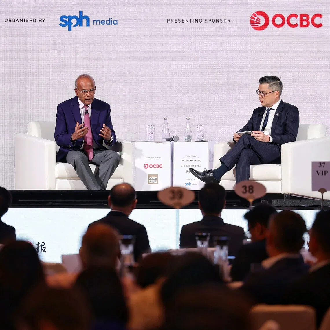 Coordinating Minister for National Security K. Shanmugam speaking at a dialogue moderated by ST editor Jaime Ho during the Asia Future Summit on Oct 9.