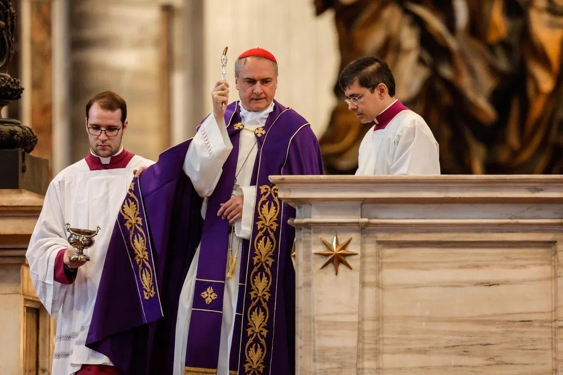 Cardinal Mauro Gambetti carries out a penitential rite to purify the main altar of St Peter’s Basilica.