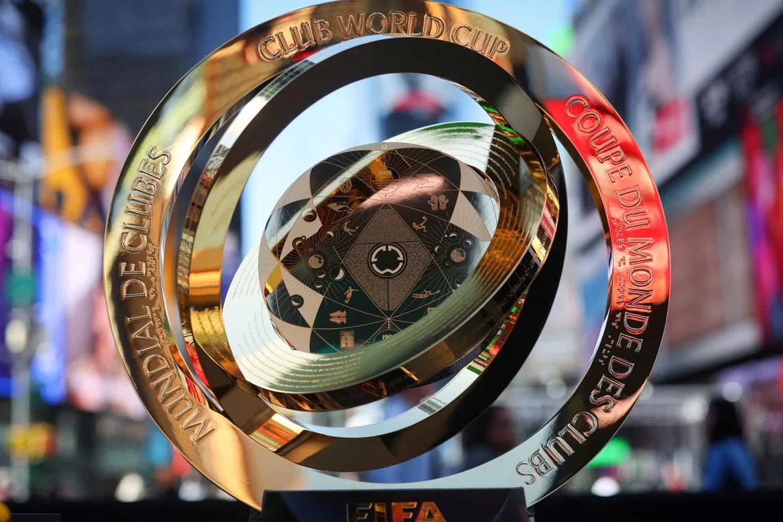 FILE PHOTO: The FIFA Club World Cup 2025 winners trophy is displayed in Times Square ahead of the tournament featuring 32 teams and 63 matches, spread across 12 stadiums in 11 U.S. cities in June and July, in New York City, U.S., May 20, 2025. REUTERS/Mike Segar/File Photo