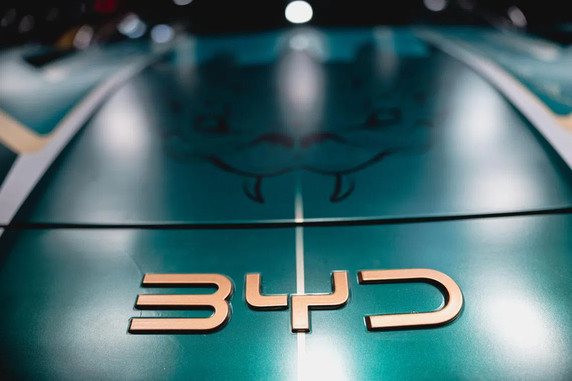 epa12053946 A logo on a vehicle on display at the booth of Chinese carmaker BYD during the first public day of the Shanghai Auto show, in Shanghai, China, 25 April 2025. The 21st Shanghai International Automobile Industry Exhibition will be held from 23 April to 02 May. Shanghai Auto will feature over 70 automakers and 100 new models.  EPA-EFE/ALEX PLAVEVSKI