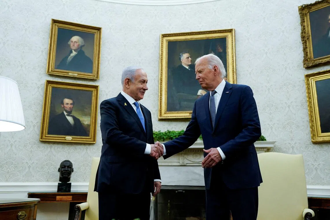 FILE PHOTO: U.S. President Joe Biden meets with Israeli Prime Minister Benjamin Netanyahu in the Oval Office at the White House in Washington, U.S., July 25, 2024. REUTERS/Elizabeth Frantz/File Photo