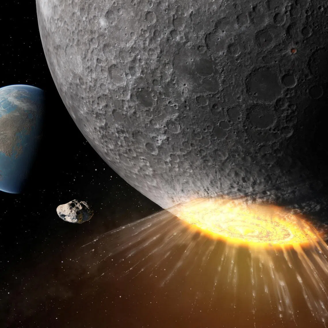 An undated artistic rendering shows an asteroid or comet striking near the Moon's south pole about 3.8 billion years ago, an impact that carved out two large craters. Lunar and Planetary Institute/Daniel D. Durda/Handout via REUTERS