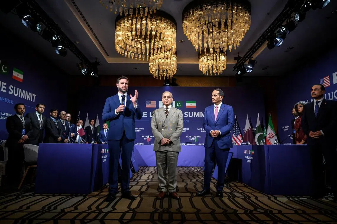 US Vice-President J.D. Vance speaks next to Pakistan's Prime Minister Shehbaz Sharif and Qatar’s Prime Minister Sheikh Mohammed bin Abdulrahman bin Jassim al-Thani, as talks between the US and Iran began in Switzerland.
