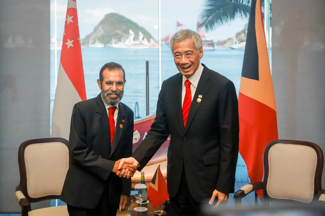 Singapore's prime minister Lee Hsien Loong meets with Timor-Leste's prime minister Taur Matan Ruak on the sidelines of the 42nd Association of Southeast Asian Nations (ASEAN) Summit held at the Meruorah Convention Center in Labuan Bajo, Indonesia, May 10, 2023.