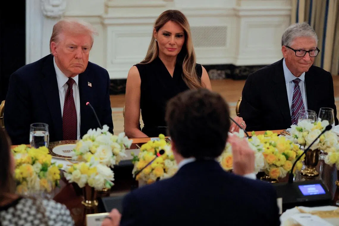 US President Donald Trump, first lady Melania Trump and Microsoft cofounder Bill Gates attend a private dinner for technology and business leaders at the White House on Sept 4.