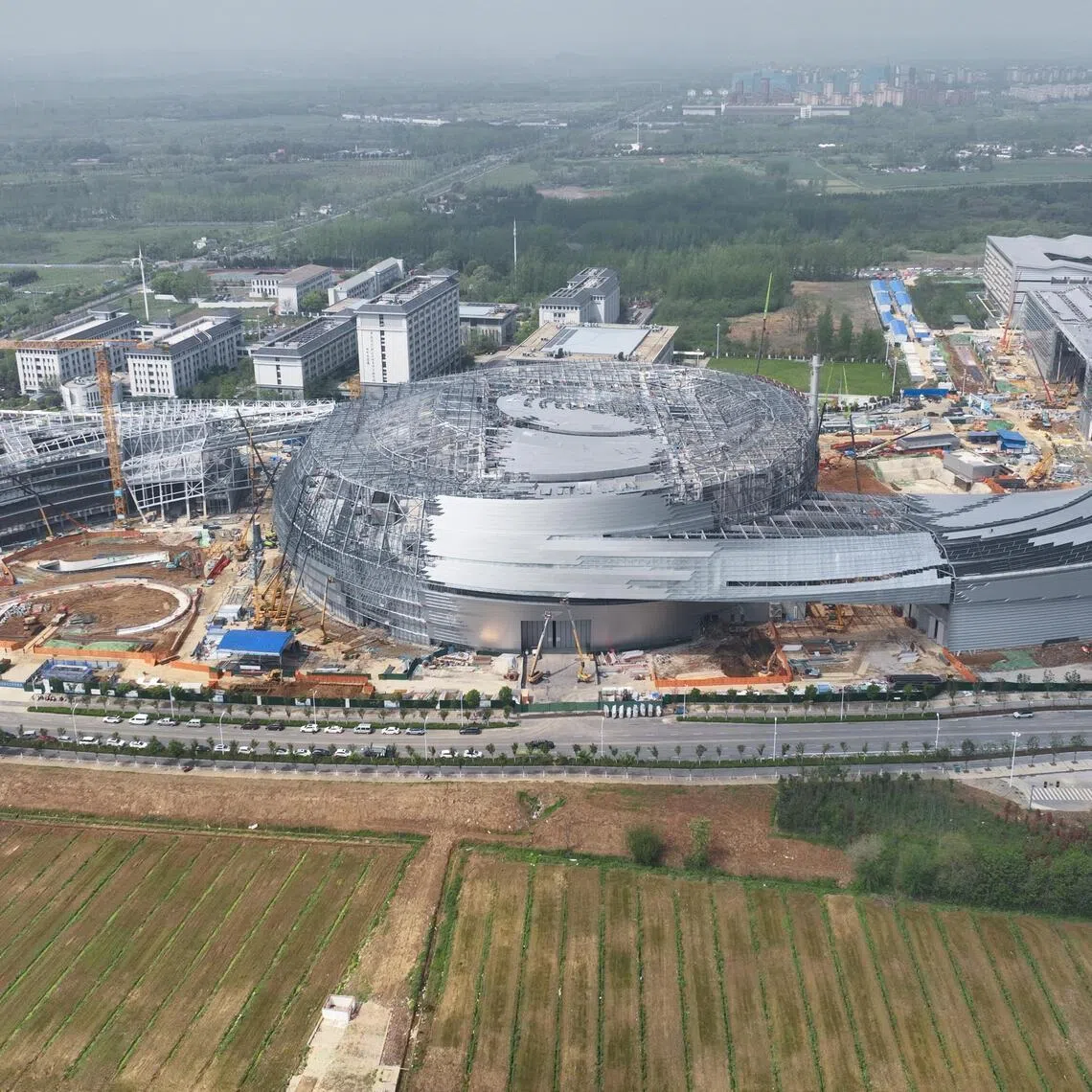The Burning Plasma Experimental Superconducting Tokamak under construction in China on April 15. Dubbed the "artificial sun," the facility is part of China's growing effort to develop controlled nuclear fusion.