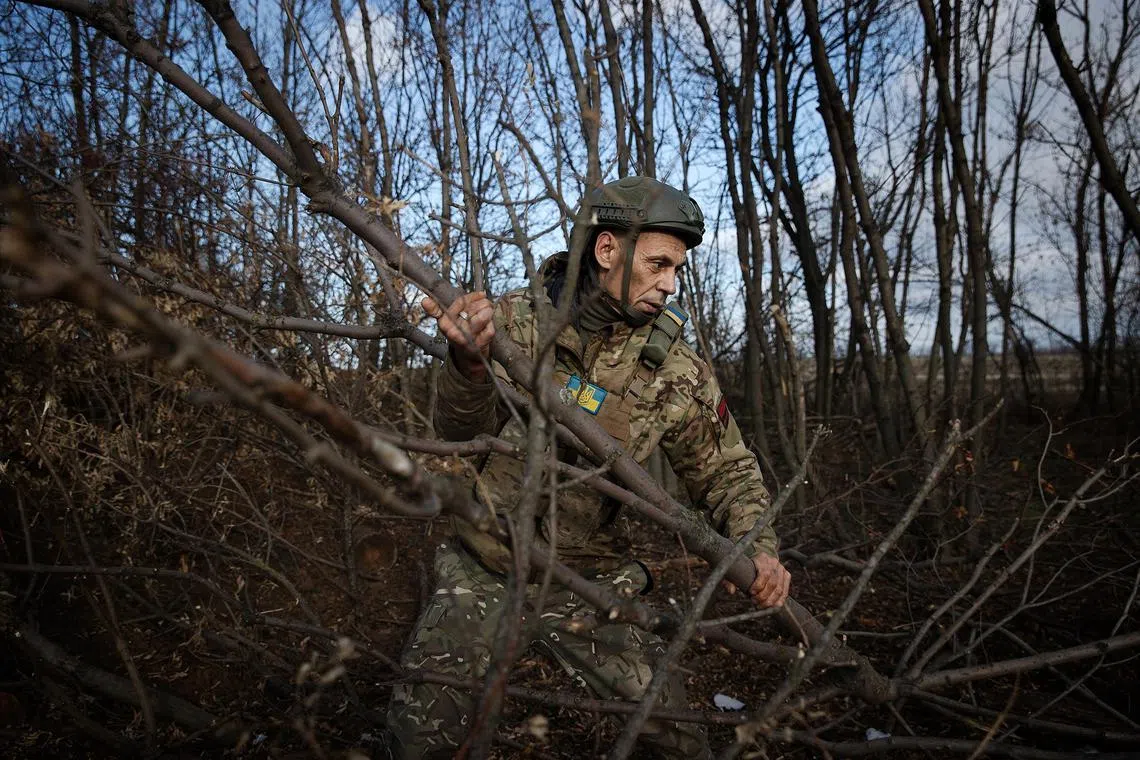 A Ukrainian soldier moves branches to hide a field gun after firing at Russian positions near Pokrovsk, Ukraine.