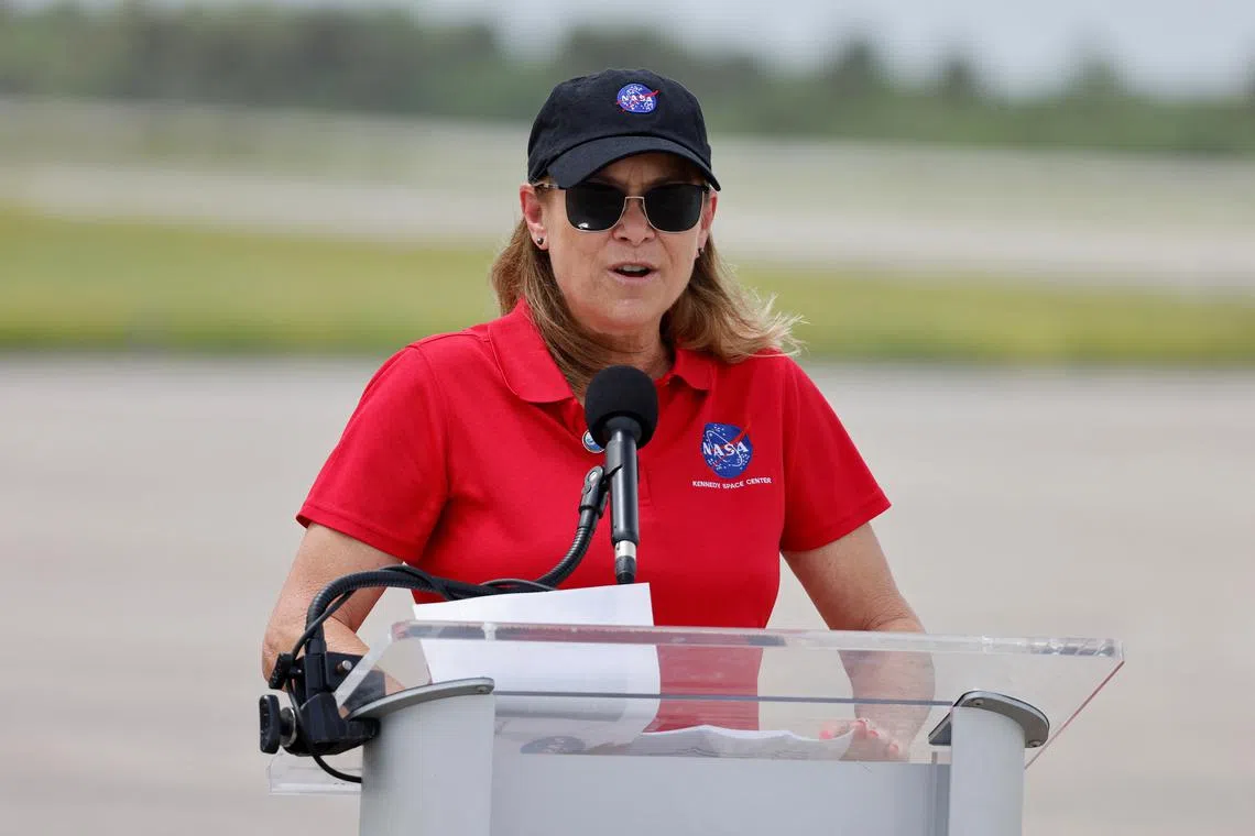 FILE PHOTO: Director of NASA's John F. Kennedy Space Center Janet Petro speaks ahead of the Crew-7 mission launch to the International Space Station on the SpaceX Dragon crew spacecraft, at Kennedy Space Center in Cape Canaveral, Florida, U.S. August 20, 2023.  REUTERS/Joe Skipper/File Photo