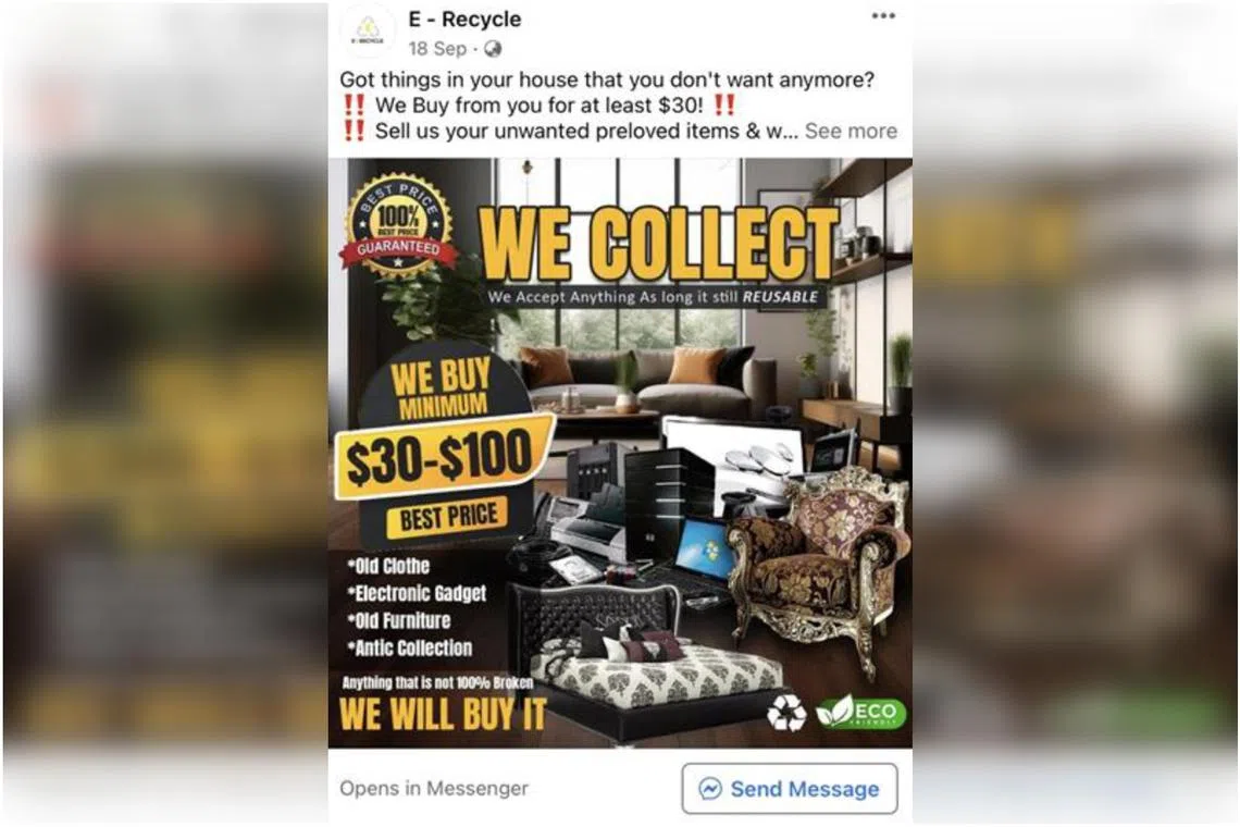 A screenshots of a fraudulent Facebook advertisement claiming to buy second-hand items such as clothing, electronics and furniture.