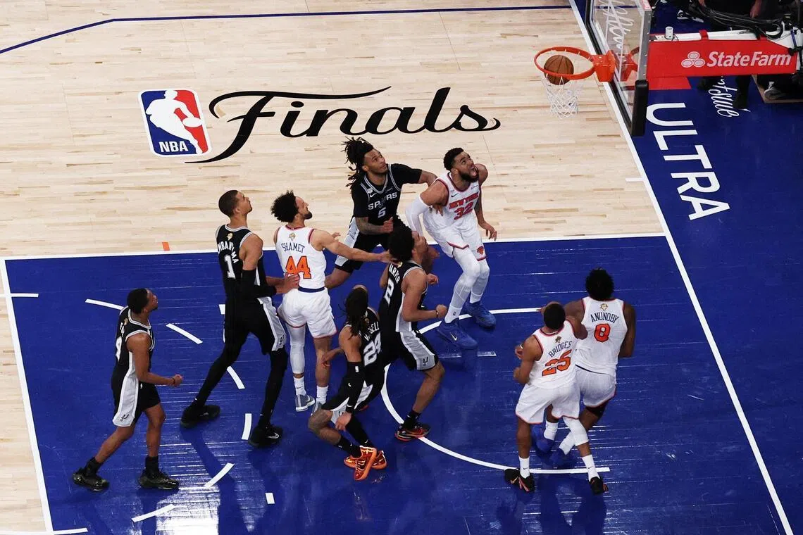 New York Knicks forward OG Anunoby (No. 8) makes a game-winning tip shot against San Antonio Spurs during game four of the 2026 NBA Finals in the final second of the fourth quarter on June 8.