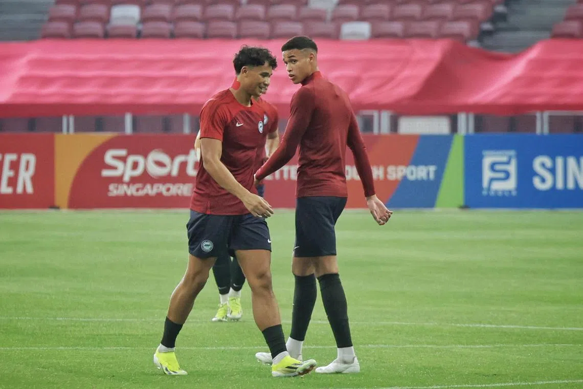 Singapore’s Ikhsan Fandi (left) and Ilhan Fandi (right) during a training session at National Stadium on March 20, 2024. World Cup qualifiers preview of Singapore v China.