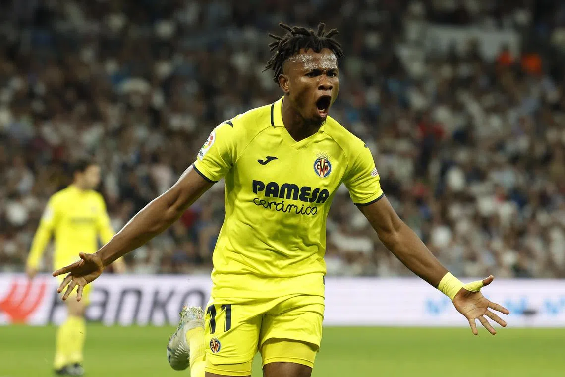 Villarreal's Samuel Chukwueze celebrating after scoring the equaliser against Real Madrid in La Liga. The Yellow Submarines won 3-2 on the night.