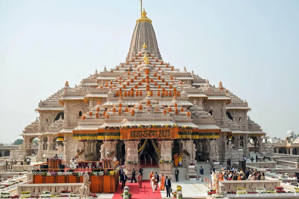 Prime Minister Narendra Modi with Uttar Pradesh Governor Anandiben Patel, Chief Minister Yogi Adityanath, and Rashtriya Swayamsevak Sangh (RSS) Chief Mohan Bhagwat during the Dhwajarohan Utsav at Shri Ram Janmabhoomi Mandir.