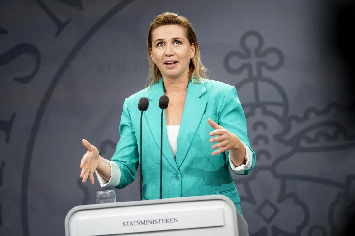 epa11611413 Danish Prime Minister Mette Frederiksen speaks during a press conference about a more local health service, in the Mirror Hall in the Prime Minister's Office, Copenhagen, 18 September 2024.  EPA-EFE/IDA MARIE ODGAARD send2net DENMARK OUT