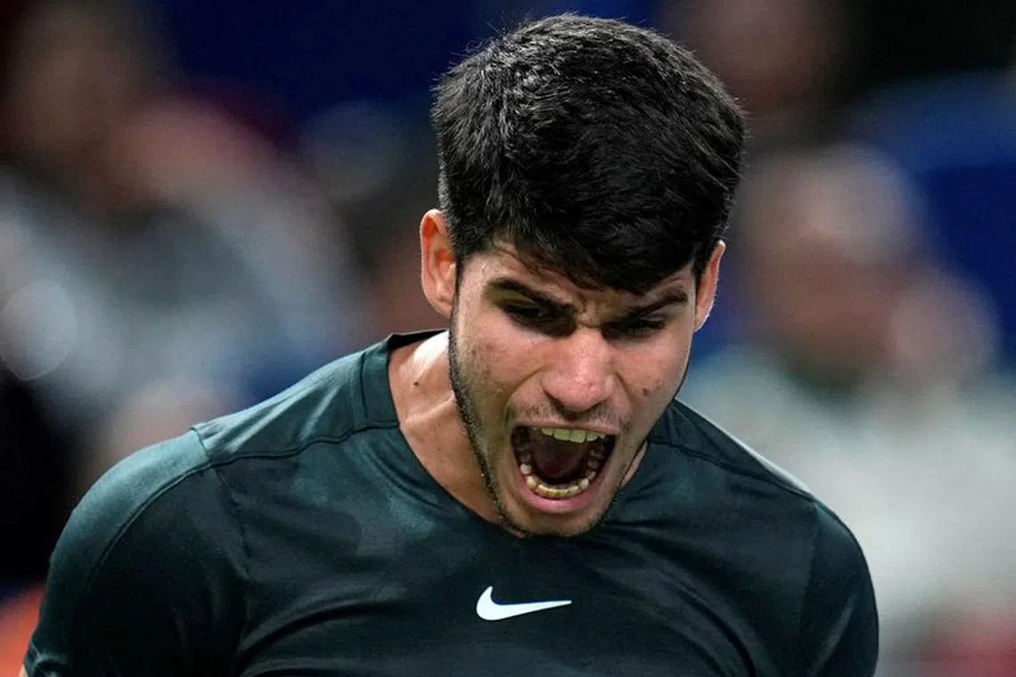 FILE PHOTO: Tennis - ATP Masters 1000 - Shanghai Masters - Qizhong Forest Sports City Arena, Shanghai, China - October 9, 2023 Spain's Carlos Alcaraz celebrates winning his round of 32 match against Britain's Dan Evans REUTERS/Aly Song/File Photo