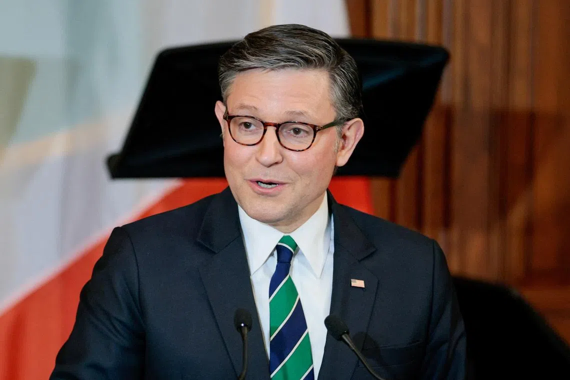 FILE PHOTO: U.S. House Speaker Mike Johnson (R-LA) speaks during the annual Friends of Ireland Luncheon at the U.S. Capitol  in Washington, D.C., U.S., March 17, 2026. REUTERS/Evan Vucci/ File Photo