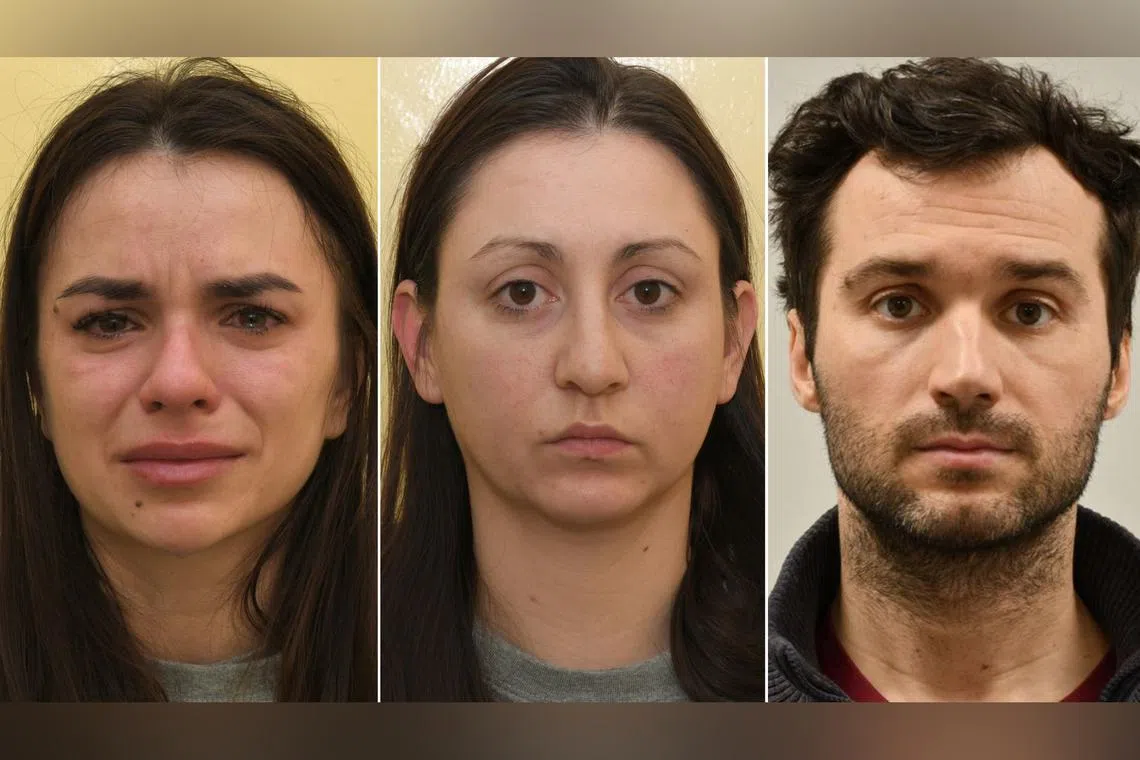 (From left) Bulgarians Vanya Gaberova, Katrin Ivanova and Tihomir Ivanchev were convicted of conspiracy to gather information useful to an enemy between August 2020 and February 2023.